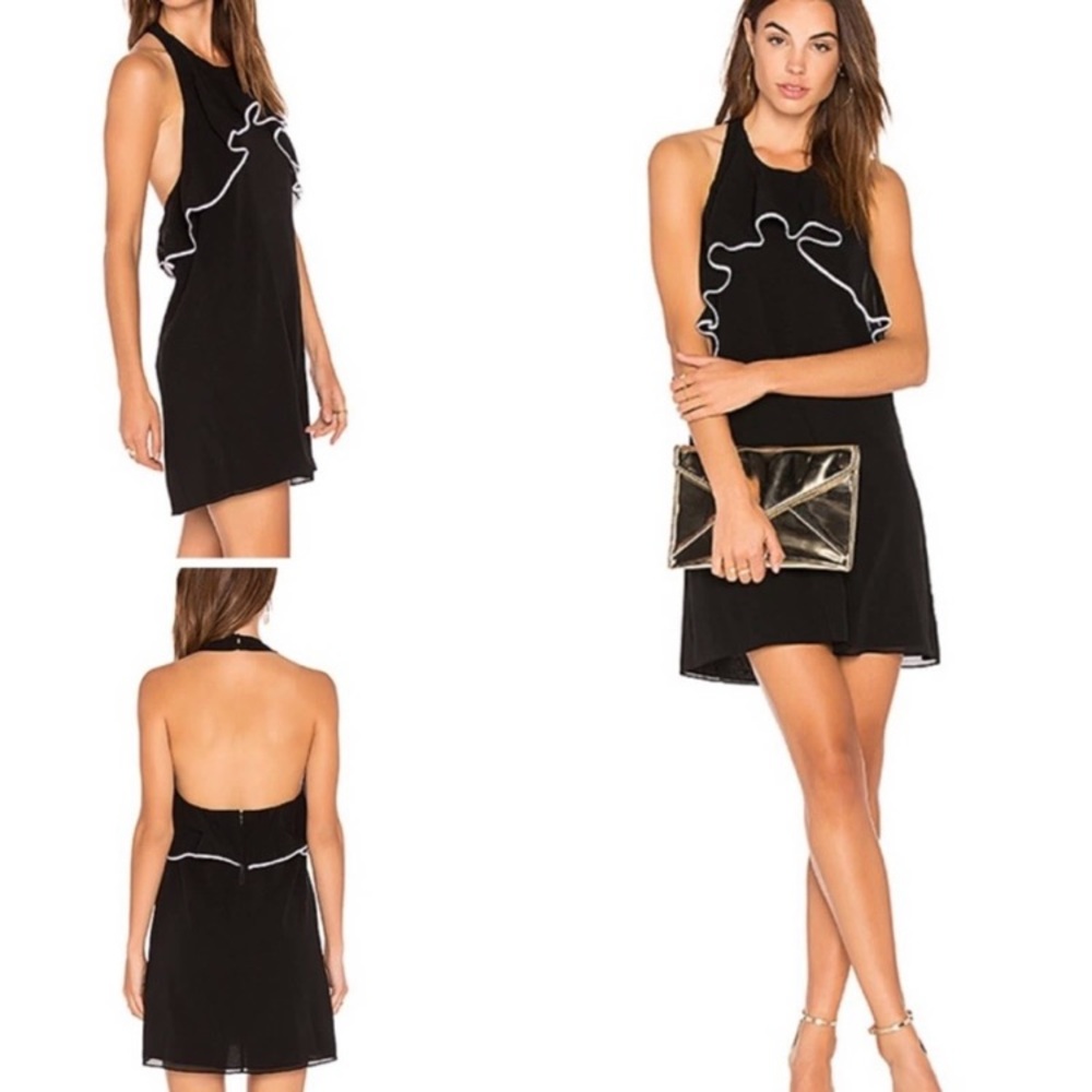 Alice + Olivia Gwenie Silk-Blend Black Halter Shift Dress- L